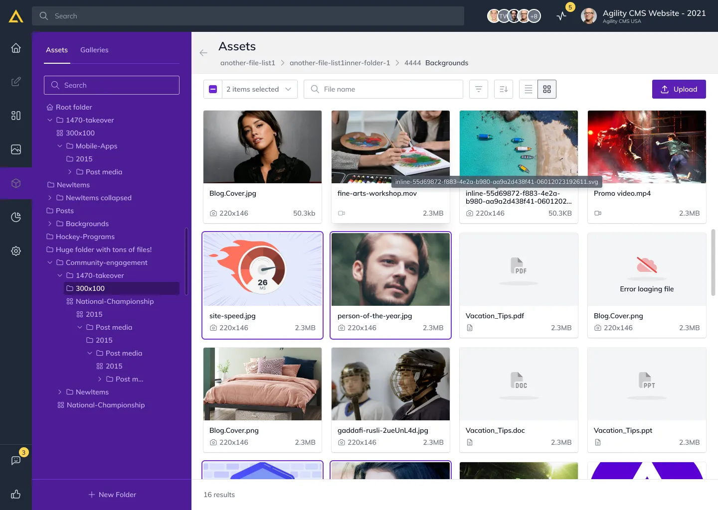 The redesigned asset management view.
