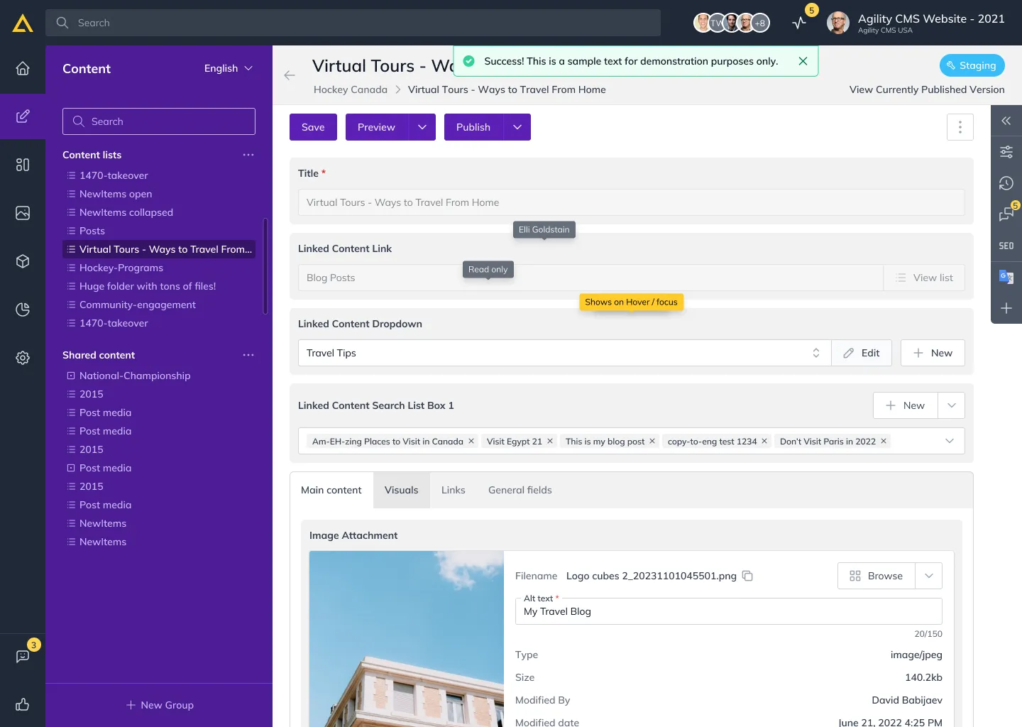 A redesigned content item view.