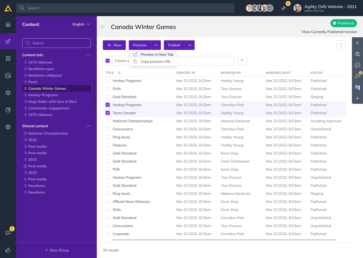 The redesigned content list.