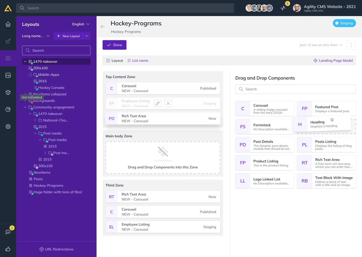 The new Layouts section, adding a component.