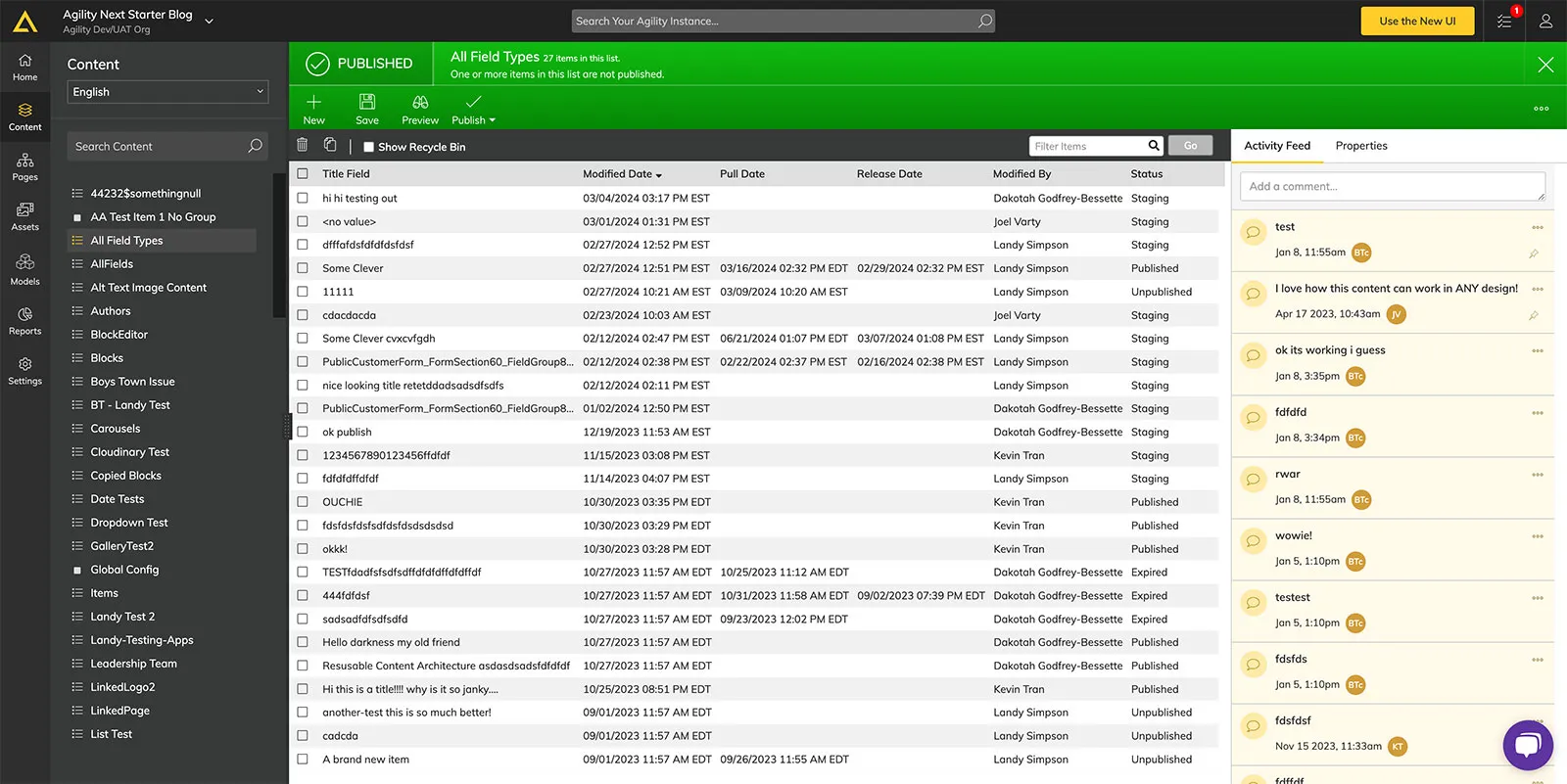 The original Agility CMS interface before the redesign.