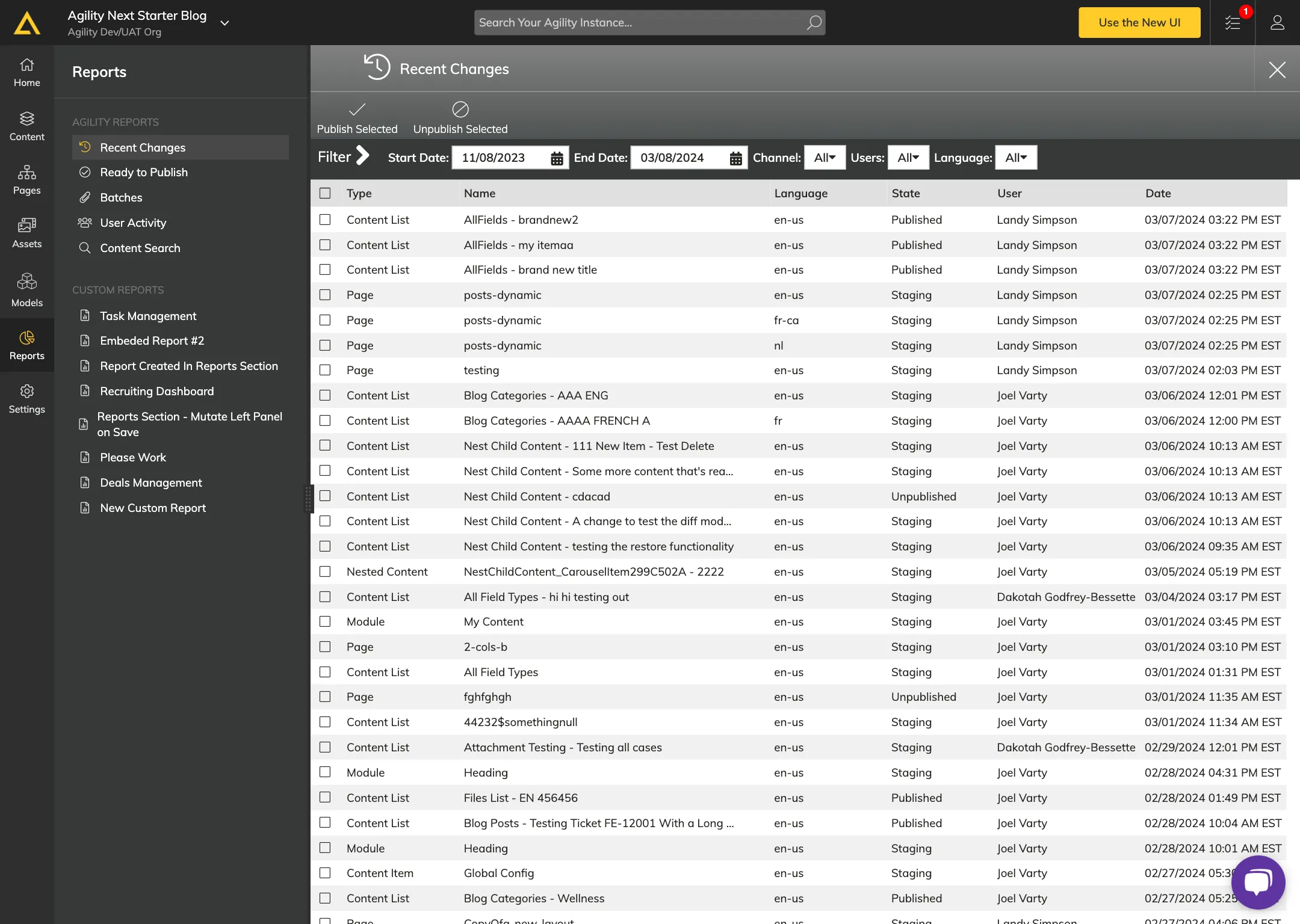 The old Reports section.