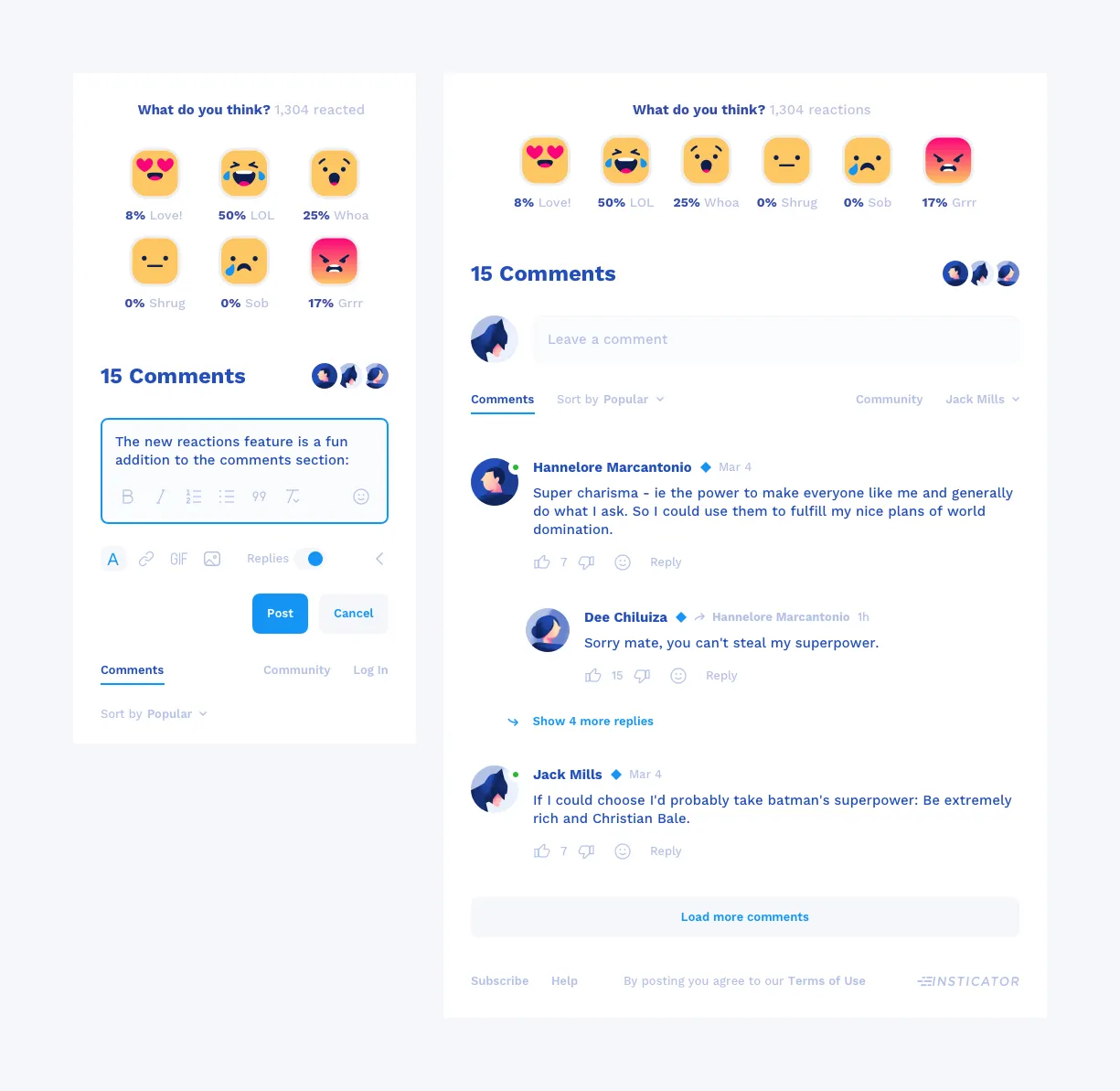 The original comment reactions using a generic emoji library.
