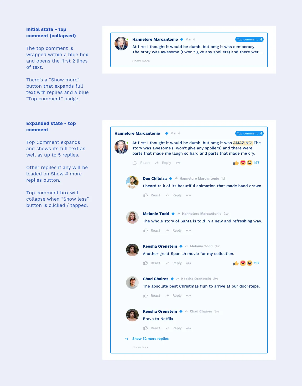 Interaction states for the Top Comment feature.