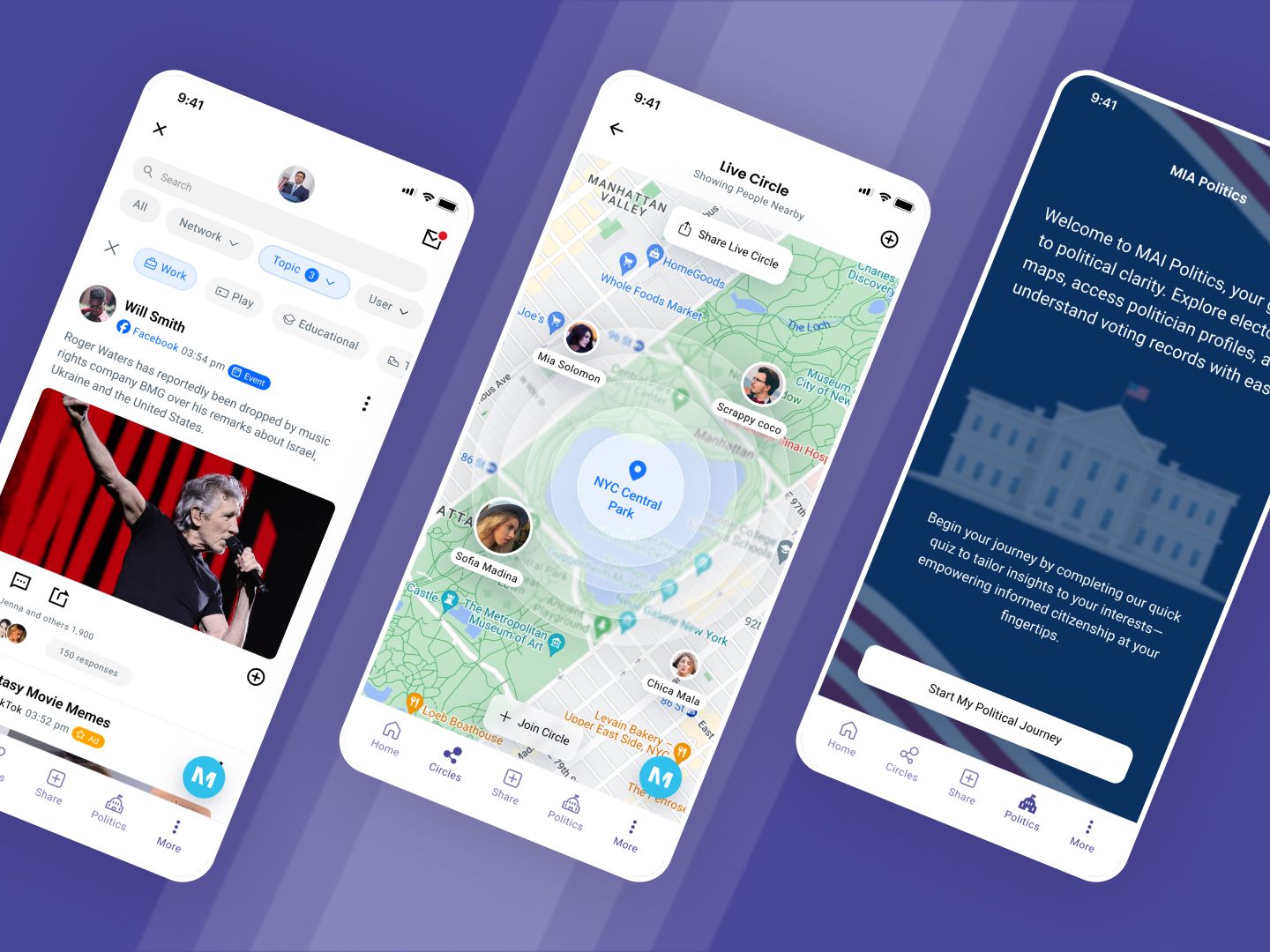 MAI Social feed, filters and modes across three phone screens.