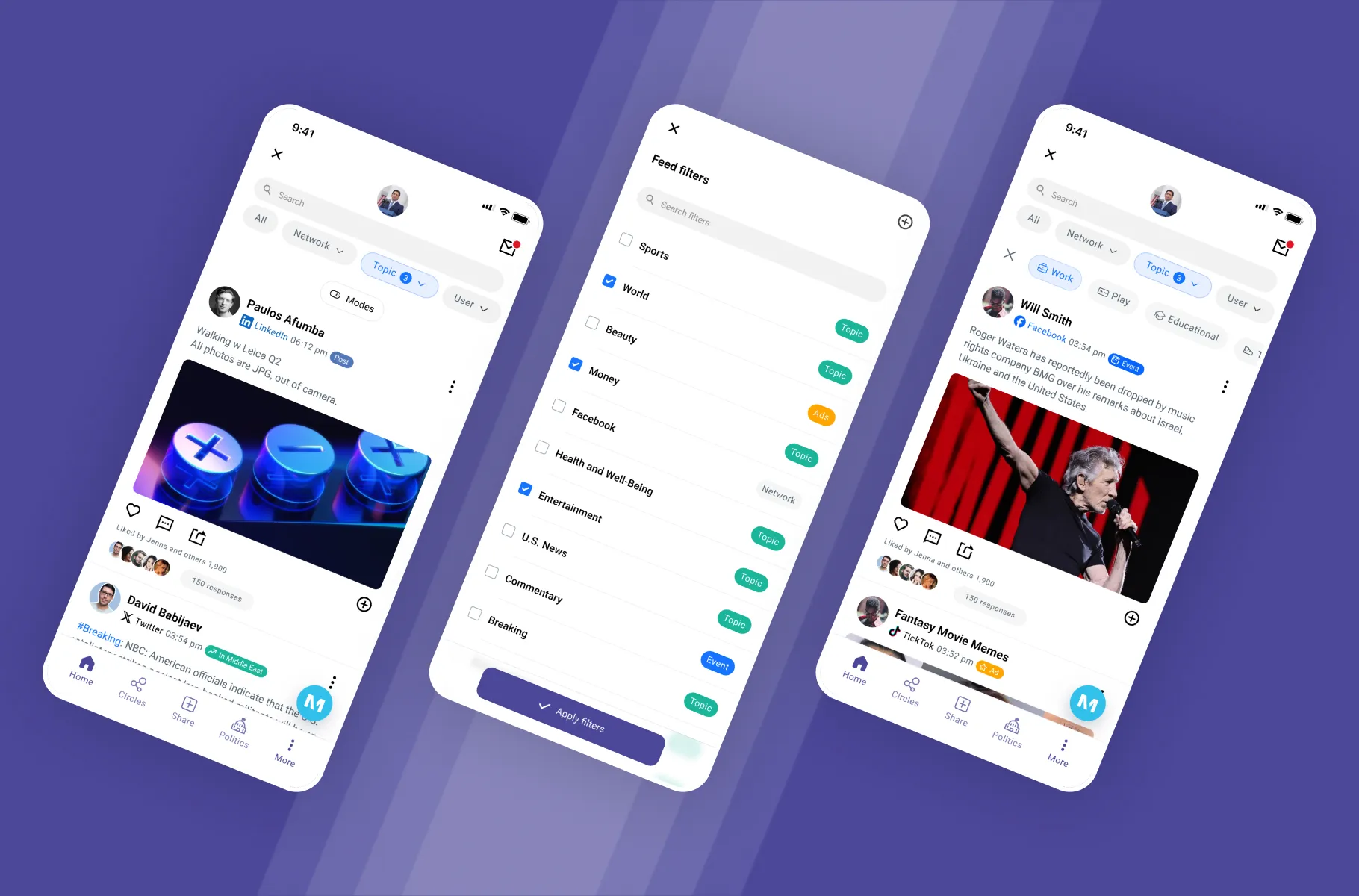 The MAI Social feed with its filter and mode controls across three phones.