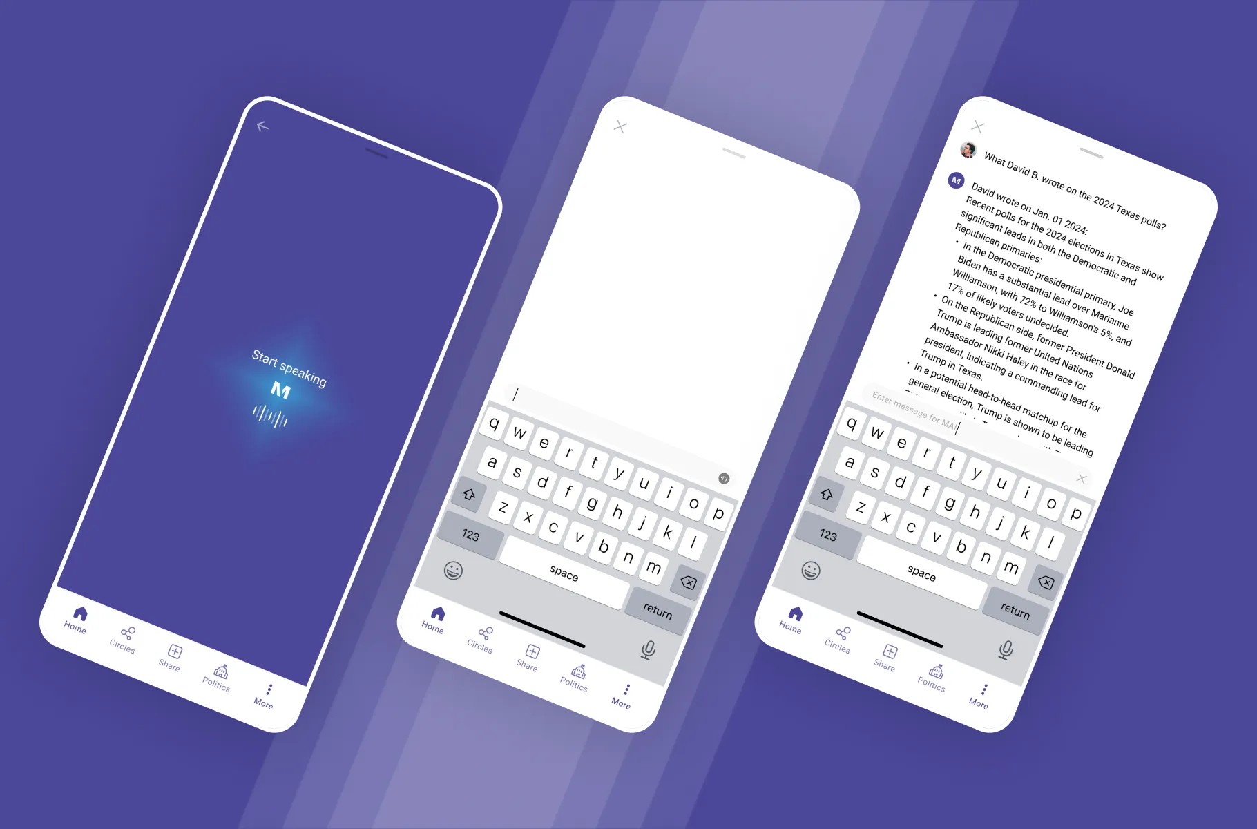 The MAI AI chat interface supporting text and voice input.