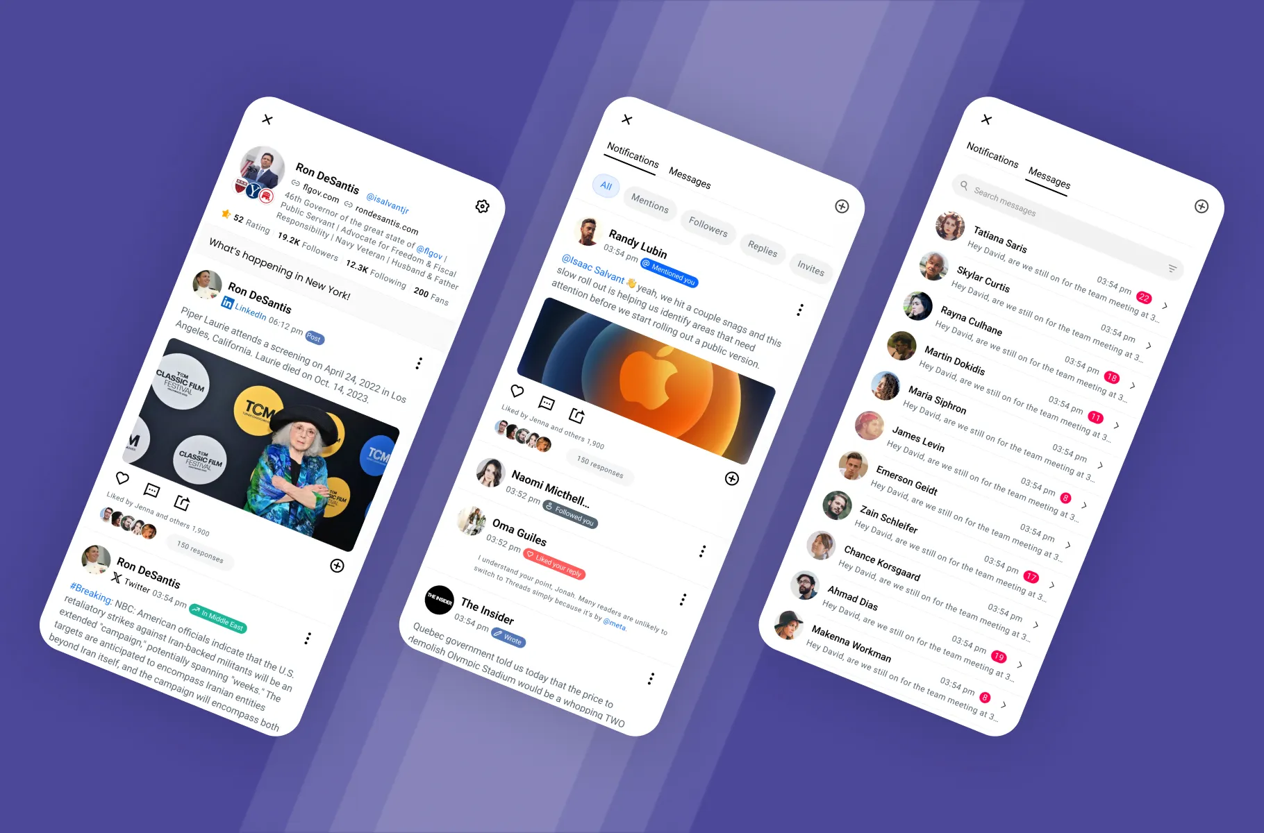 MAI Social profile, notifications and threaded messaging screens.