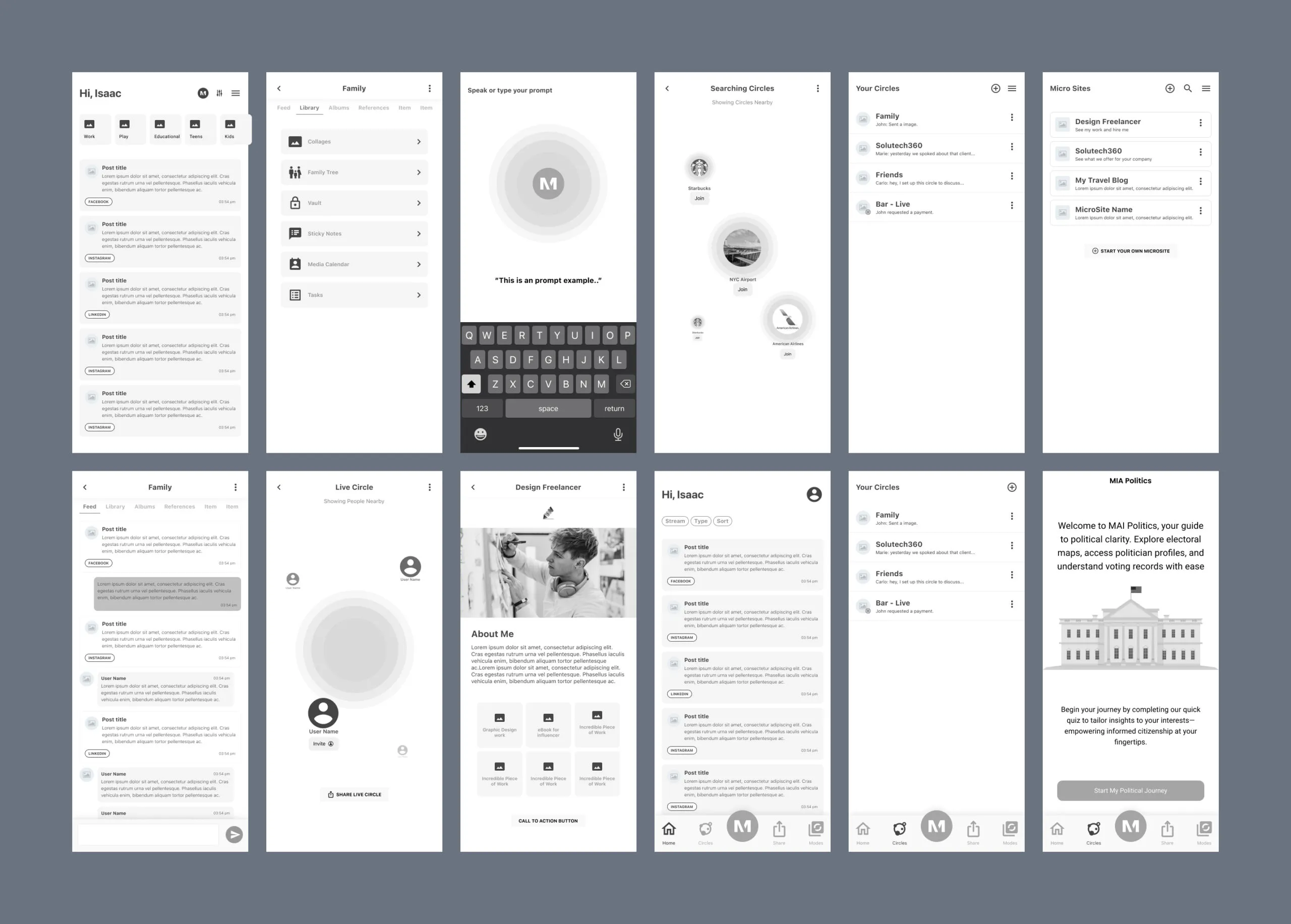 A suite of wireframes covering MAI Social's feed, politics and Circles features.