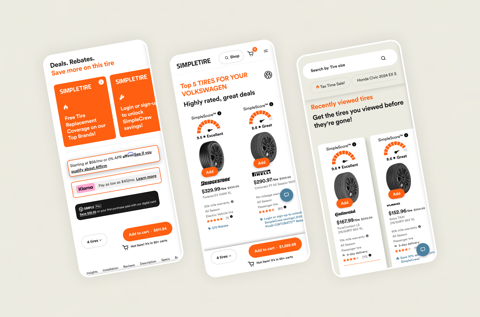 SimpleTire product experience across desktop and mobile.